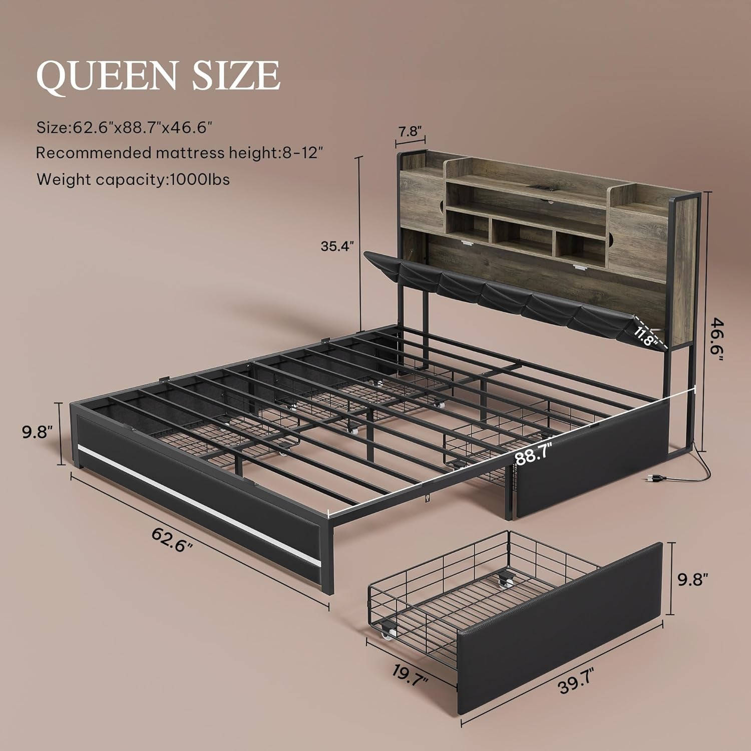Queen Size Black PU Leather Bed Frame With RGB LED Lights Storage Headboard