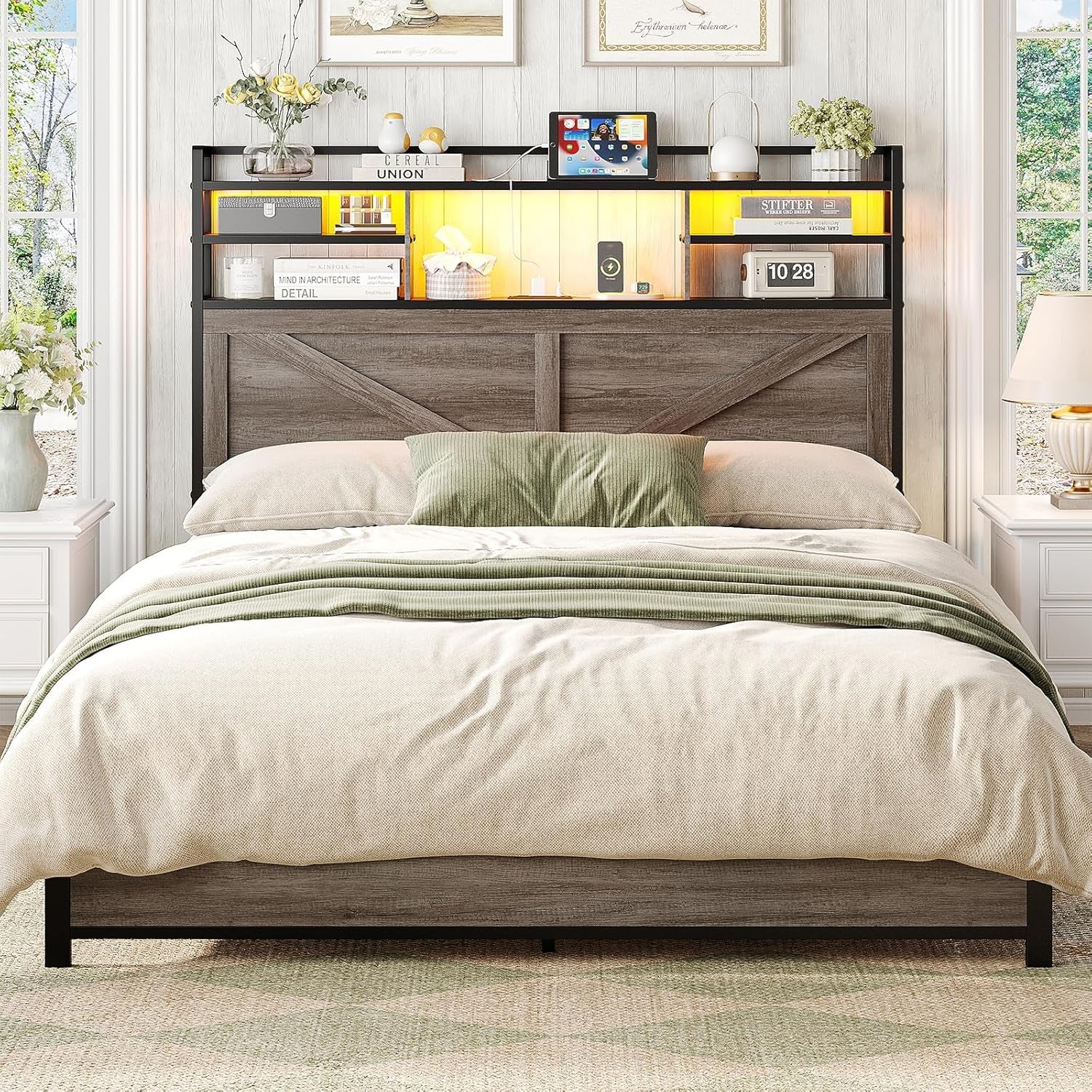 Queen Size Headboard with Storage and LED Lighting