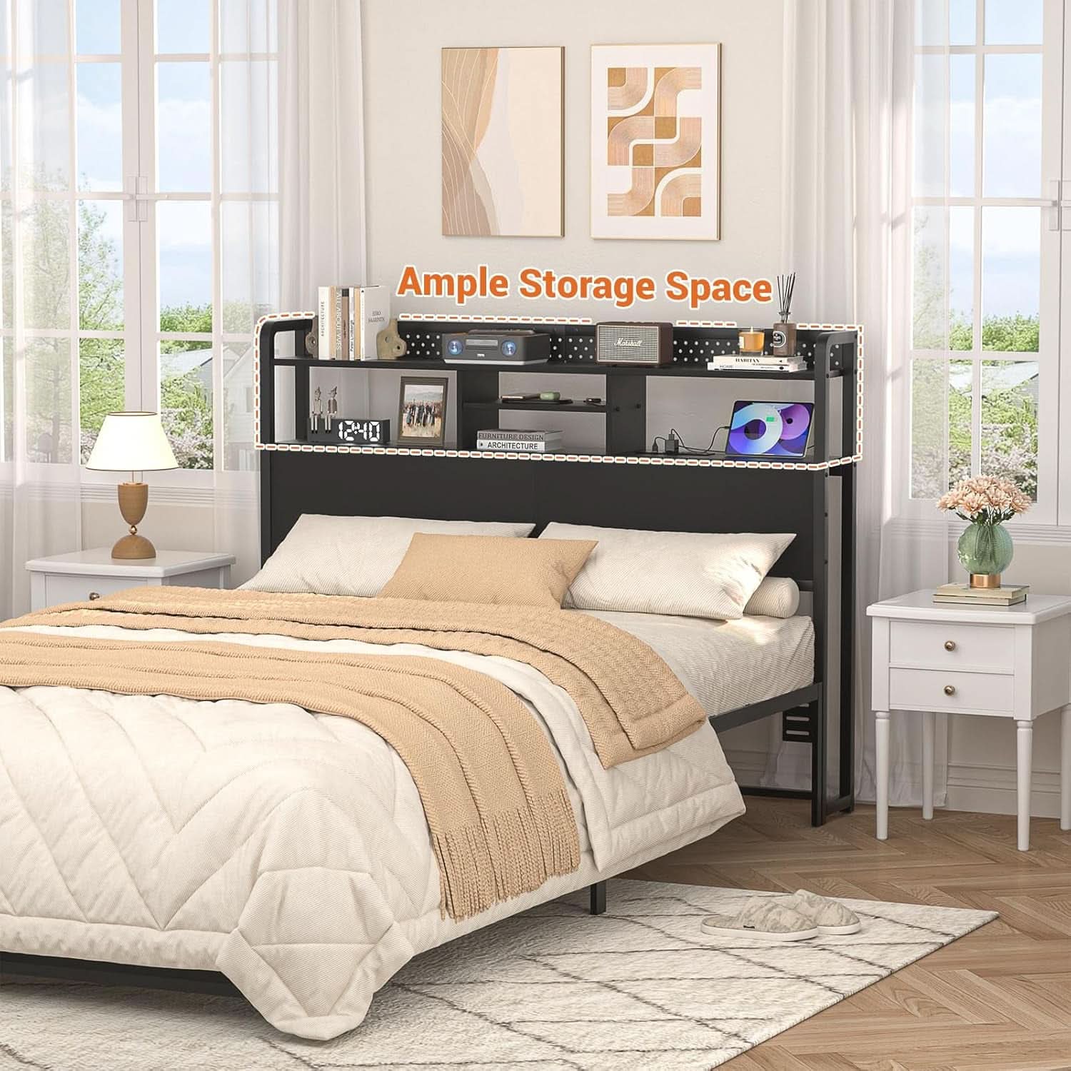 Queen Size Headboard with USB Ports and LED Light