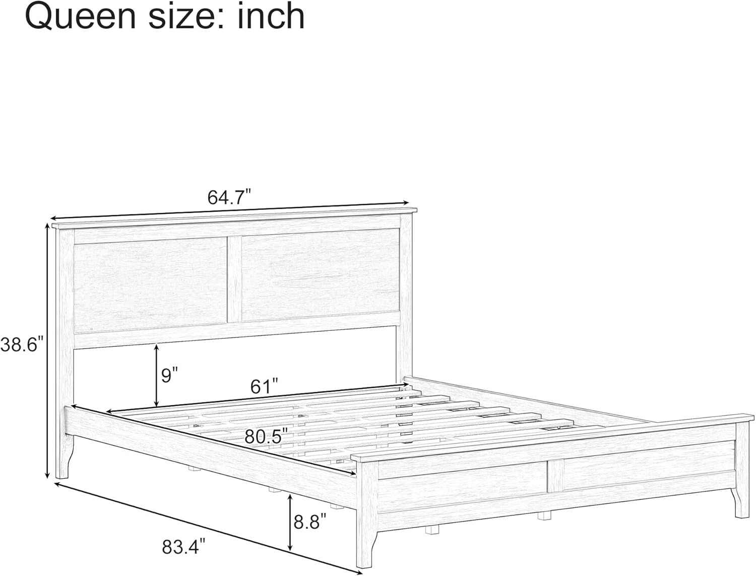 Queen Size Platform Bed Pine Wood Headboard Natural Finish