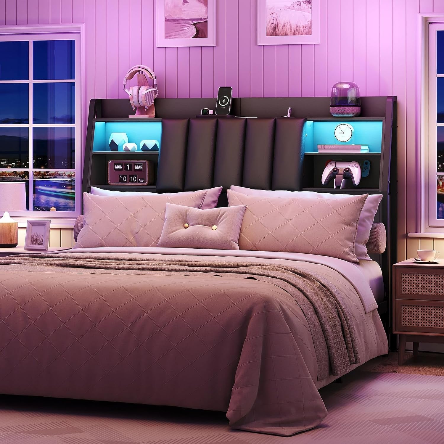 Queen Size Upholstered Headboard with LED Light Charging Station