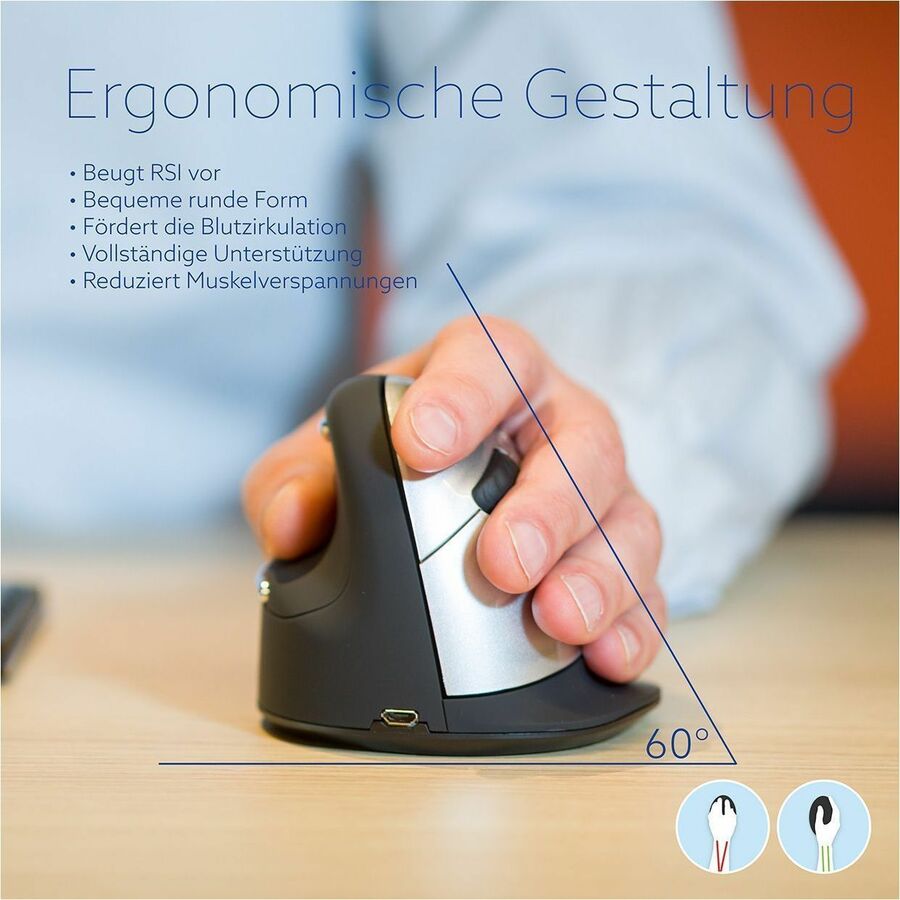 R-Go HE Sport ergonomic mouse, vertical mouse, prevents RSI, medium (hand length 165-185mm), left handed, wireless Bluetooth connection, red RGOHEREDL