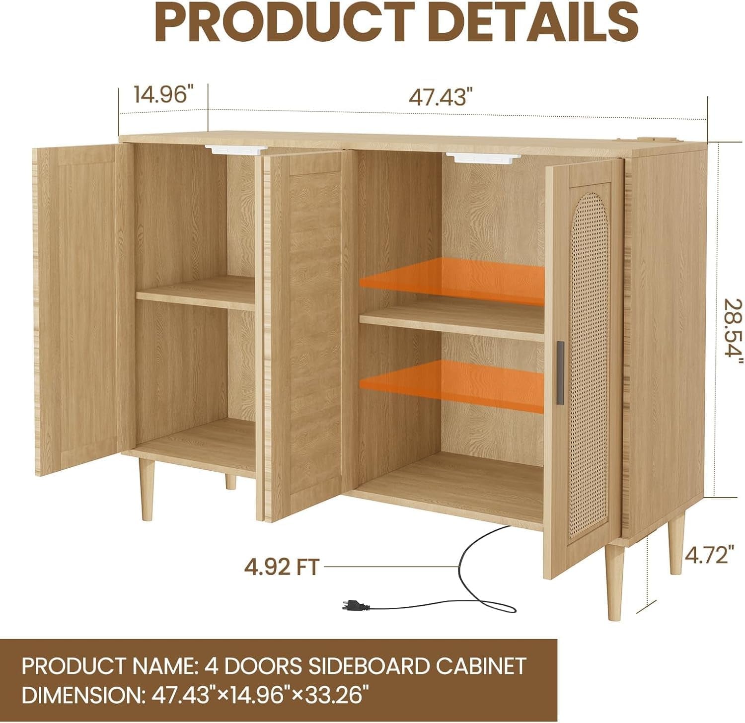 Rattan Sideboard Buffet Credenza With Built In Power Outlet