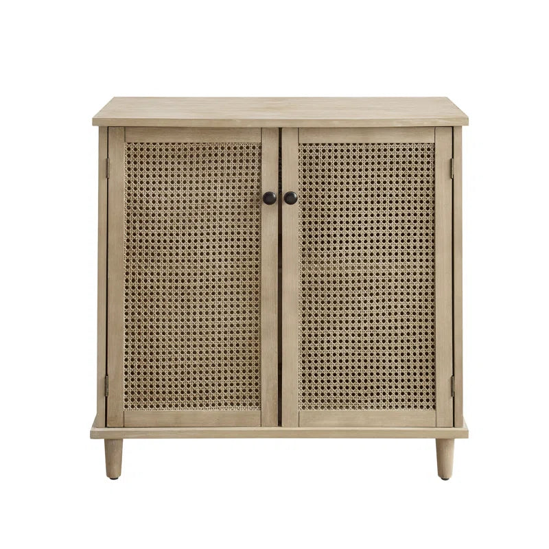 Rattan Wicker Door Storage Accent Cabinet 31.5 Inch Tall, Solid Wood