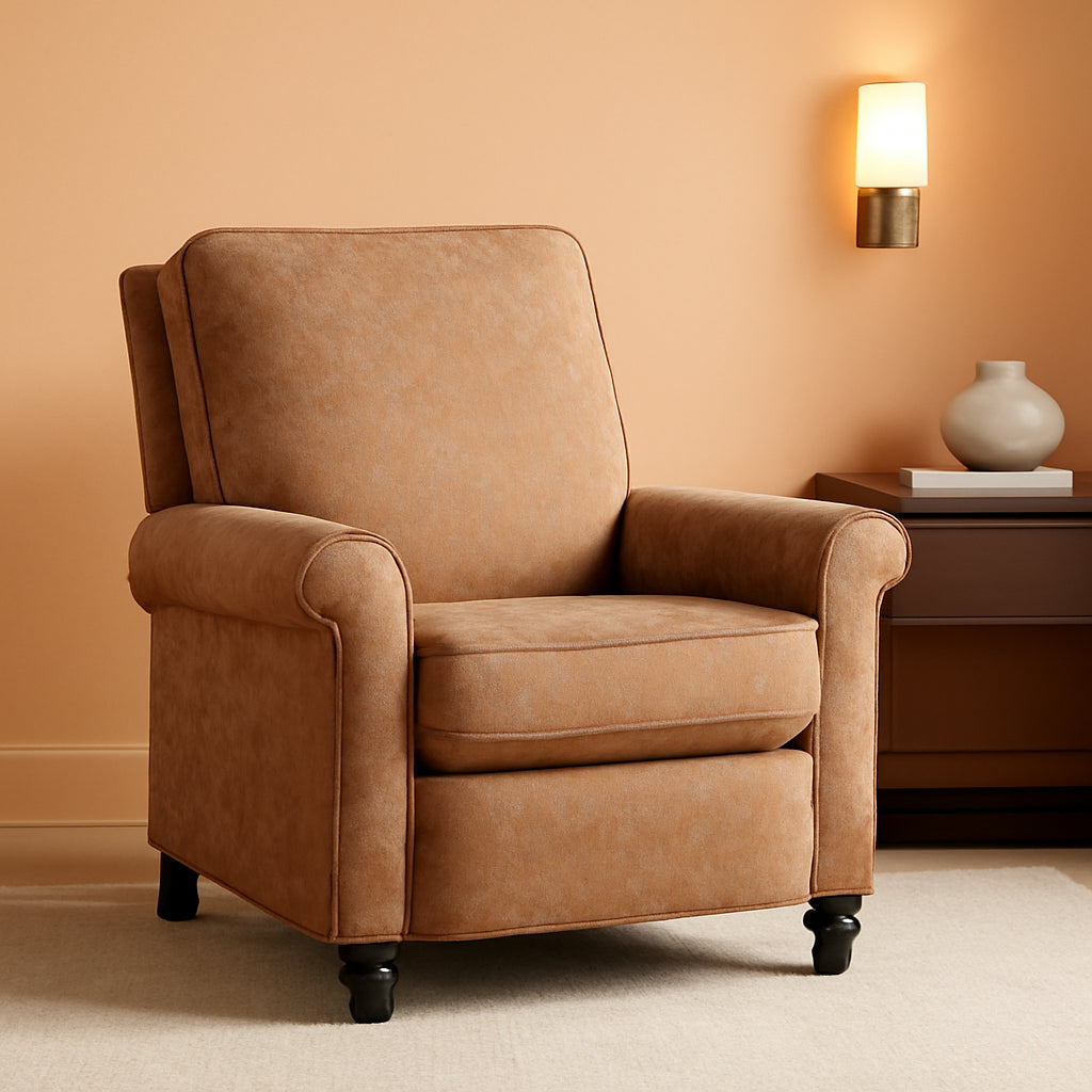 Retro Brown Push Back Recliner Chair Textured Fabric
