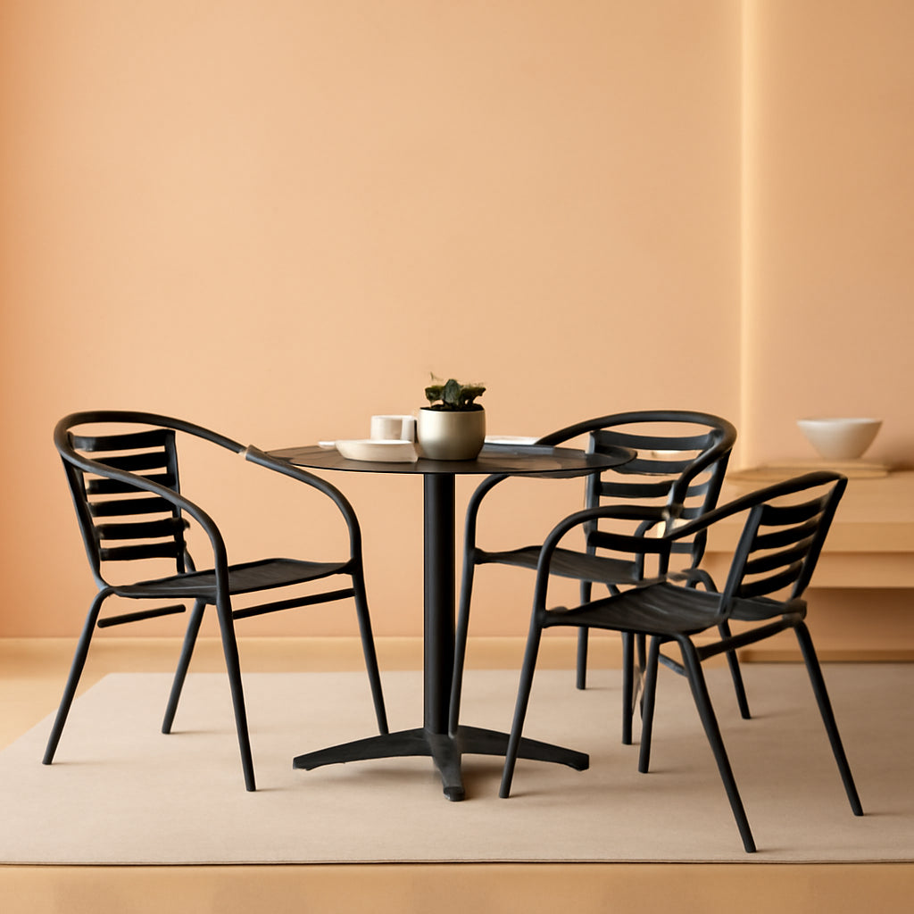 Rhea 27.5 Inch Square Glass Metal Table And 4 Slat Back Chairs Black Patio Set