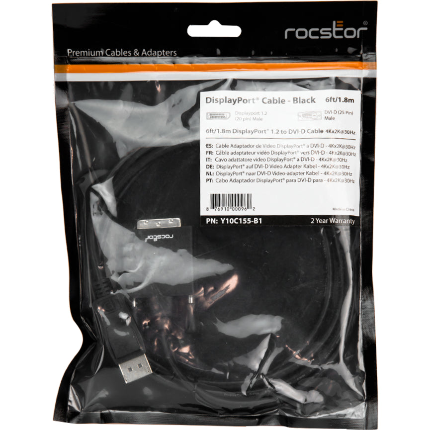 Rocstor Premium 6 Ft Displayport 1.2V To Dvi Cable M/M - Displayport 1.2V To Dvi 3840X2160 @ 30Hz, Supports 2K,4K @ 30Hz - Dp 1.2V/Dvi For Notebook, Pc, Monitor, Video Device, Tv, Projector, Graphics Card, Hdtv - 6 Ft (2M) - Retail Pack - Gold Platted - 1