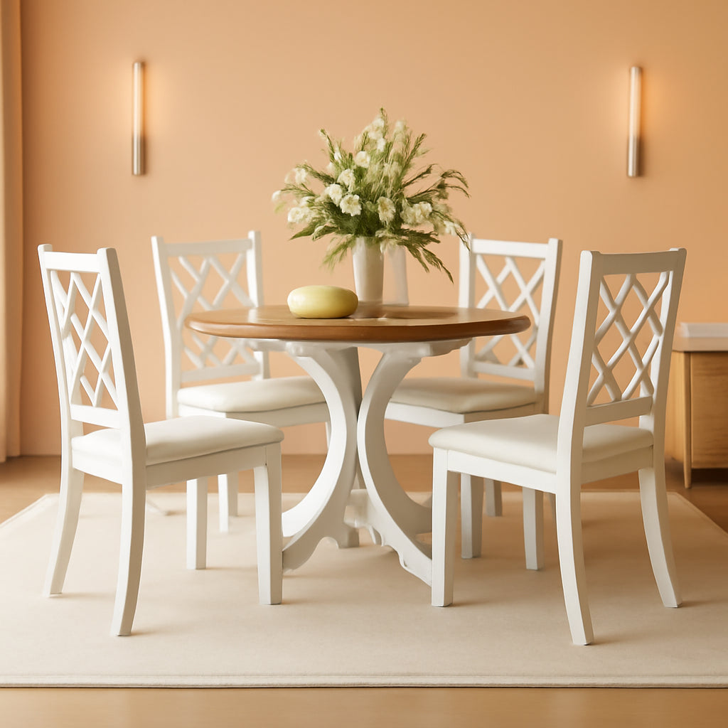 Round Wood Dining Table Set For 4 With Cross Back Chairs