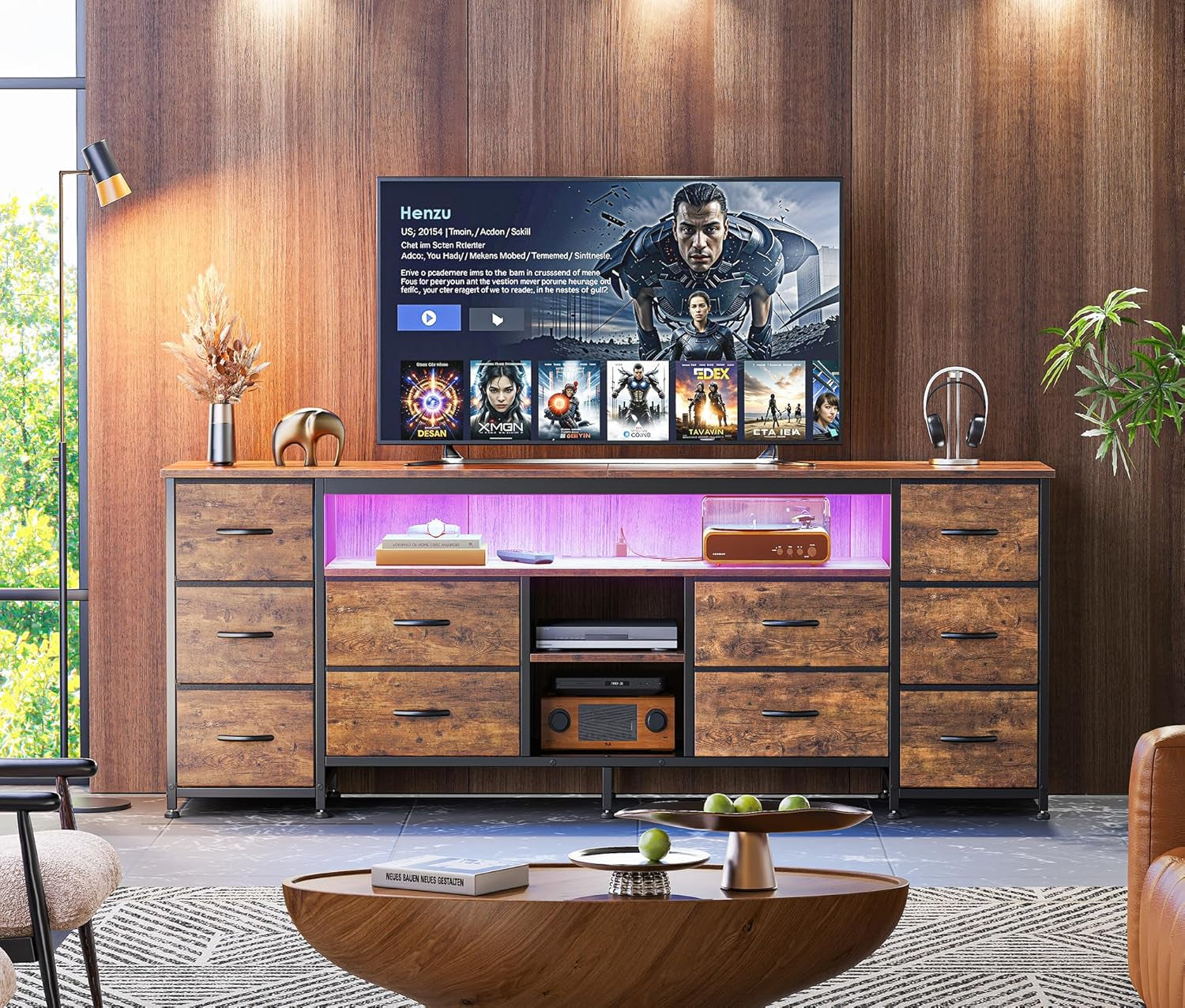 Rustic Brown 63 Inch Multifunctional LED TV Stand USB Ports