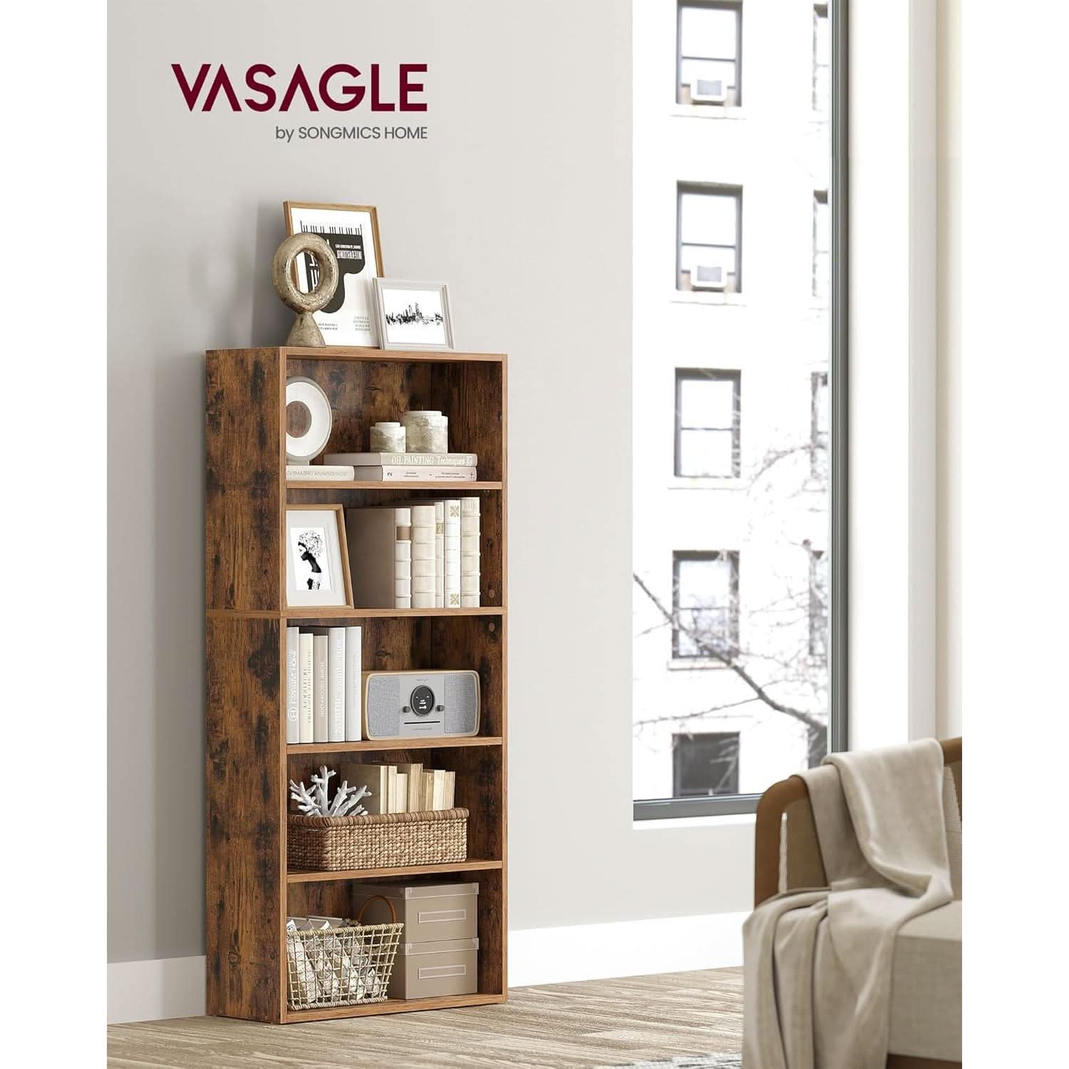 Rustic Brown Bookshelf Five Tier Adjustable Shelves