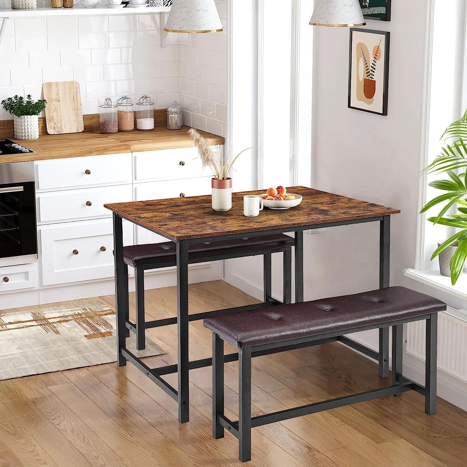Rustic Brown Dining Table Set For 4 With Cushioned Benches