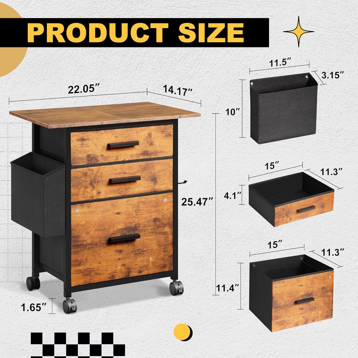 Rustic Brown Fabric Filing Cabinet With 3 Drawers Office