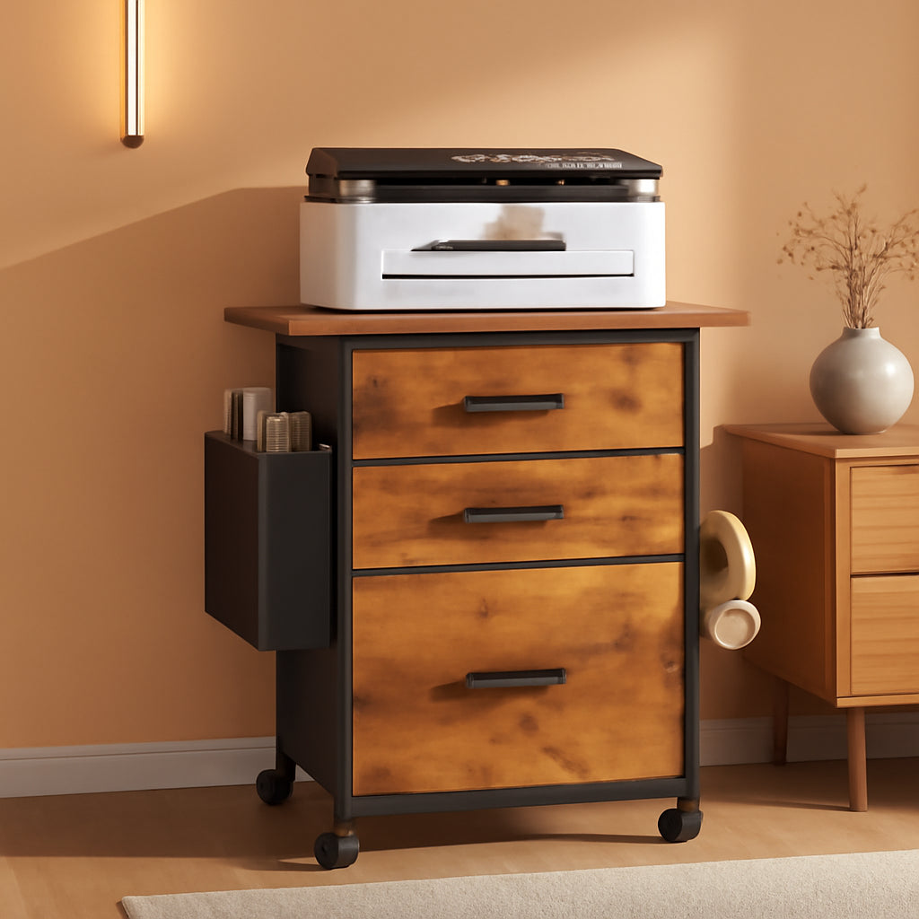 Rustic Brown Fabric Filing Cabinet With 3 Drawers Office