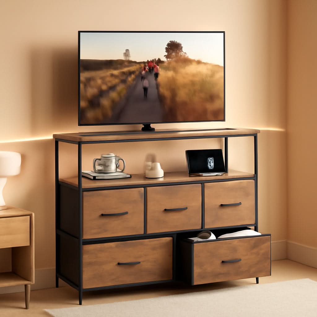 Rustic Brown TV Stand With Built In Charging Station