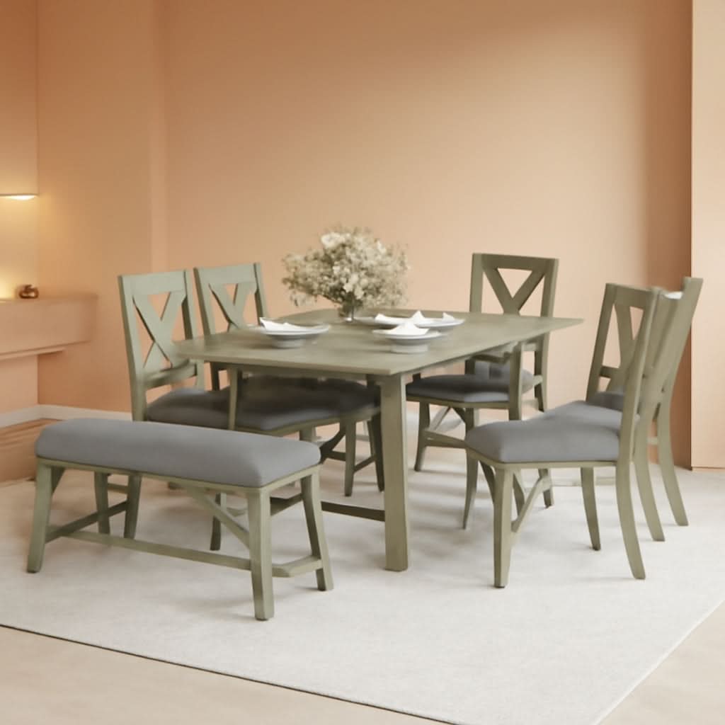 Rustic Gray Six Piece Dining Table Set Cushioned Chairs