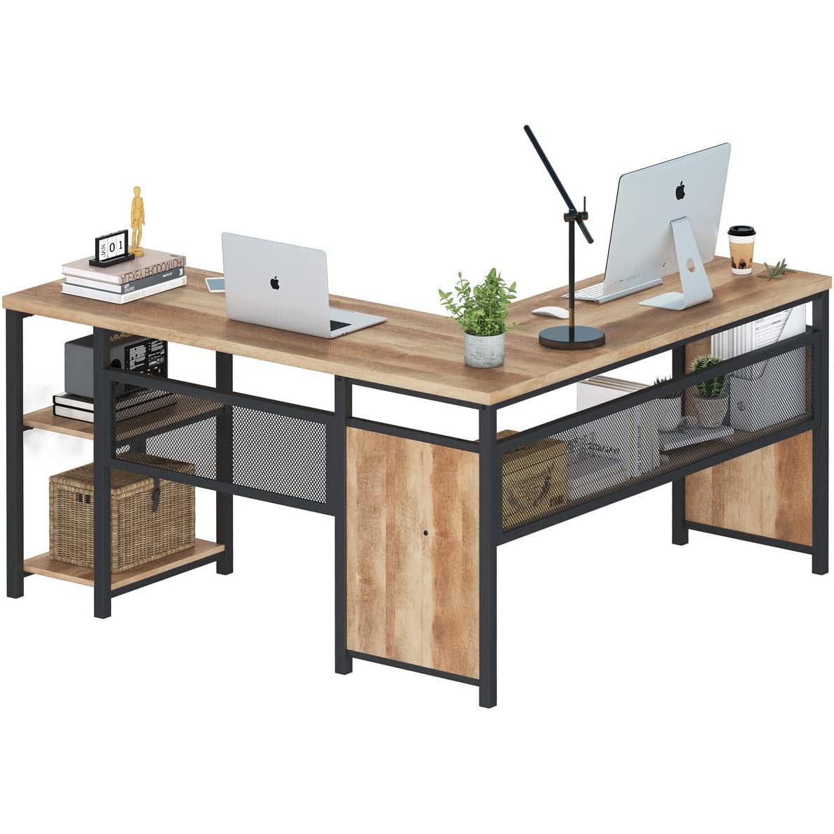 Rustic Industrial L Shaped Desk 59 Inch Wide With Shelves