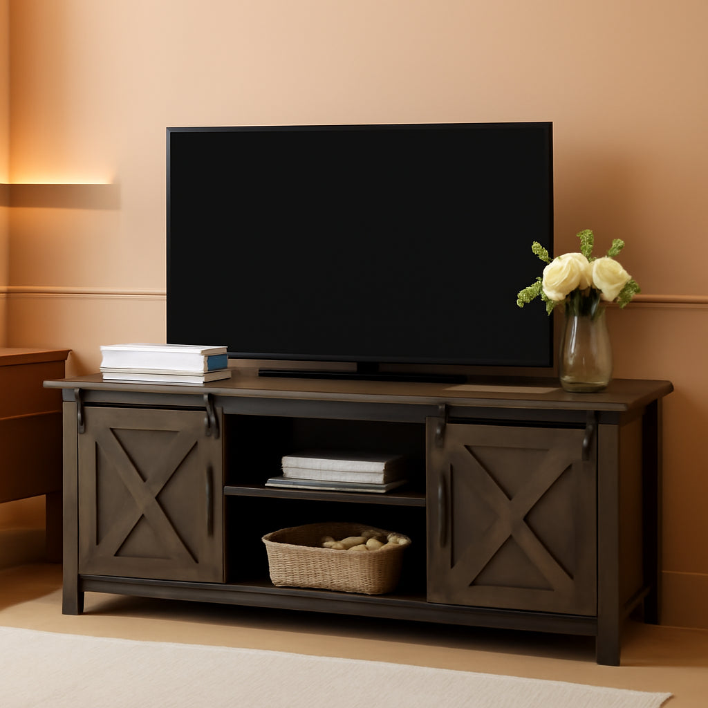 Rustic Sliding Barn Door TV Stand for 65 Inch TVs Dark Grey