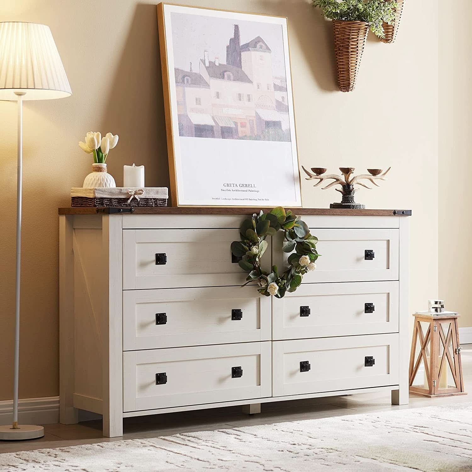 Rustic White 6 Drawer Dresser For Bedroom Storage Organization
