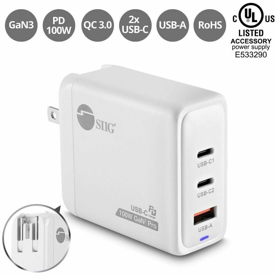 SIIG 100W GaN PD Combo Charger - 2C1A - USB-C Charging Station - Portable USB Type-C