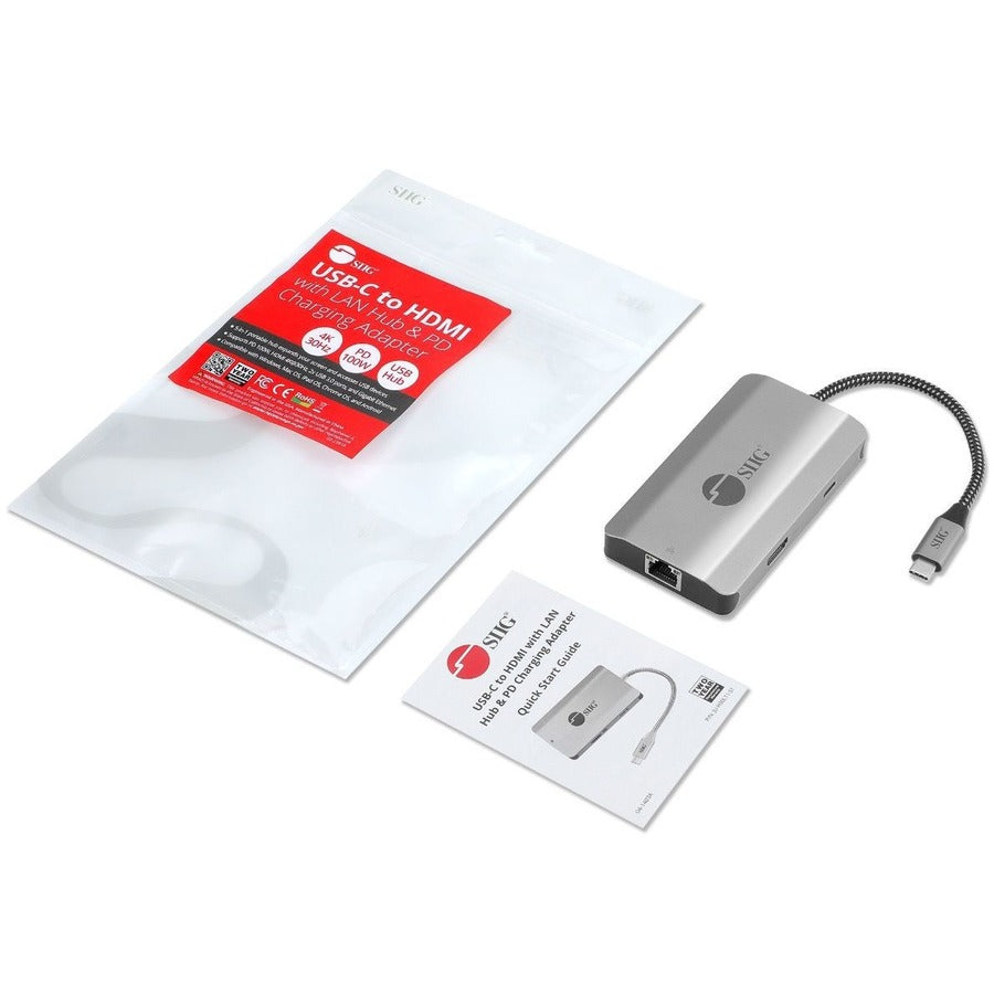 SIIG USB-C to HDMI with LAN Hub & PD 100W Adapter - Adds one HDMI 4K@30Hz - two USB-A