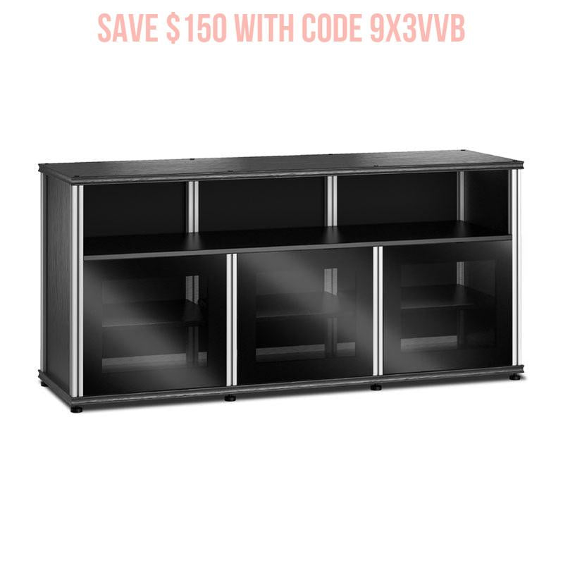 Salamander Synergy Single Box 339 AV Cabinet Black Oak Glass Aluminum Posts