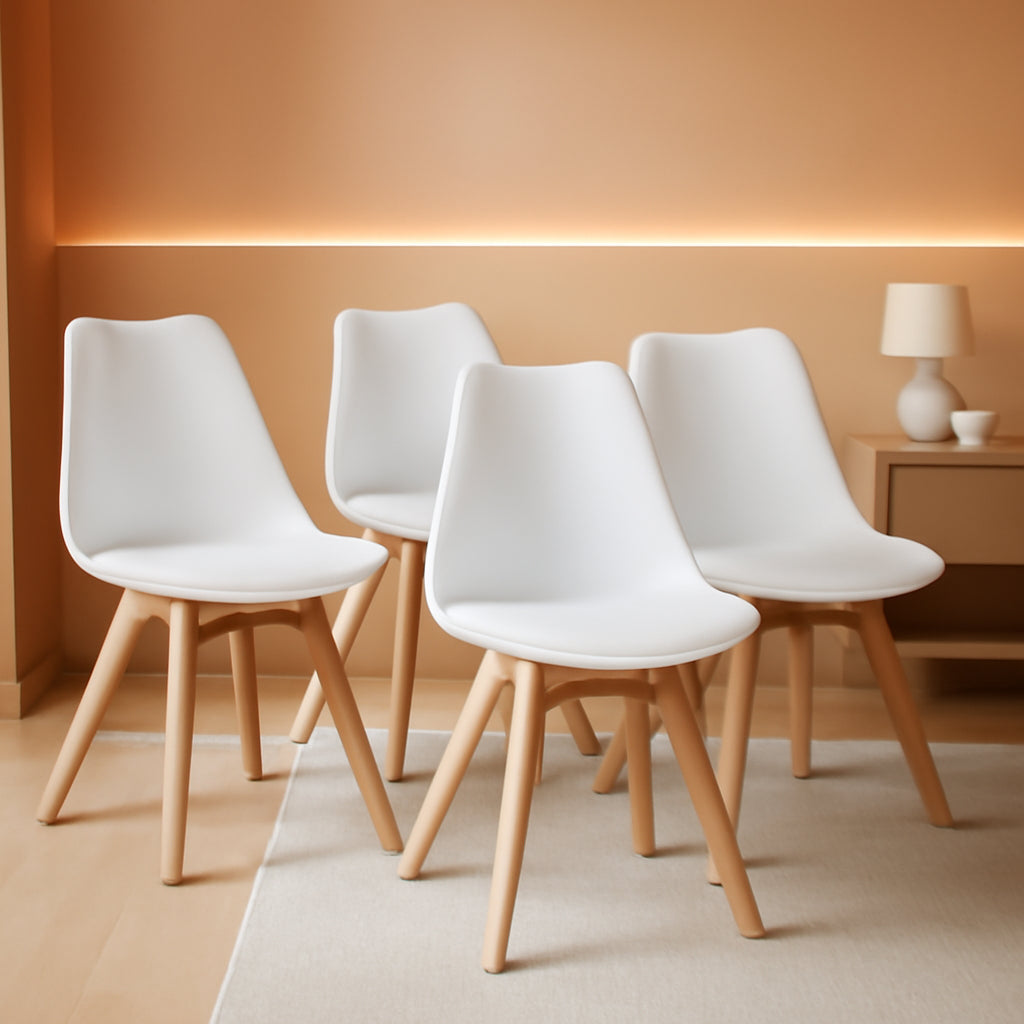 Set Of 4 White PU Upholstered Shell Chairs With Beech Legs