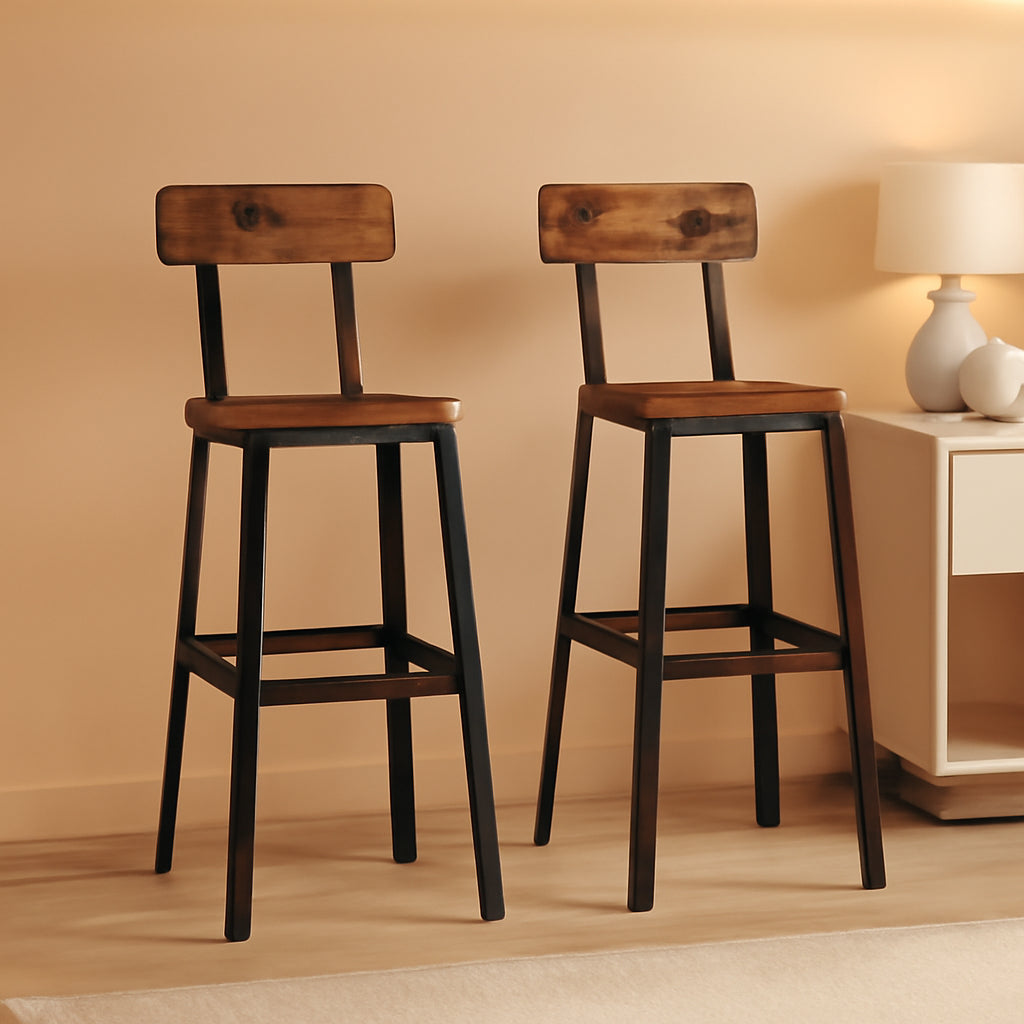 Set of Two Adjustable Round Bar Stools with Backrest