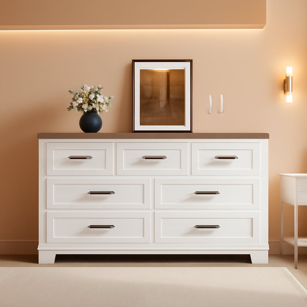 Seven Drawer Dresser White Brown Modern Farmhouse Style
