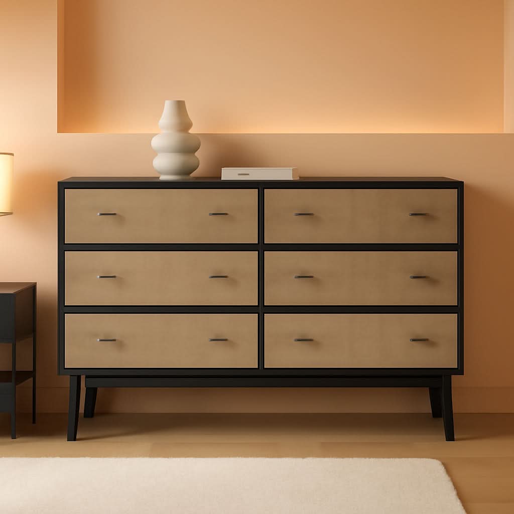 Six Drawer Dresser In Two Tone Black And Light Brown