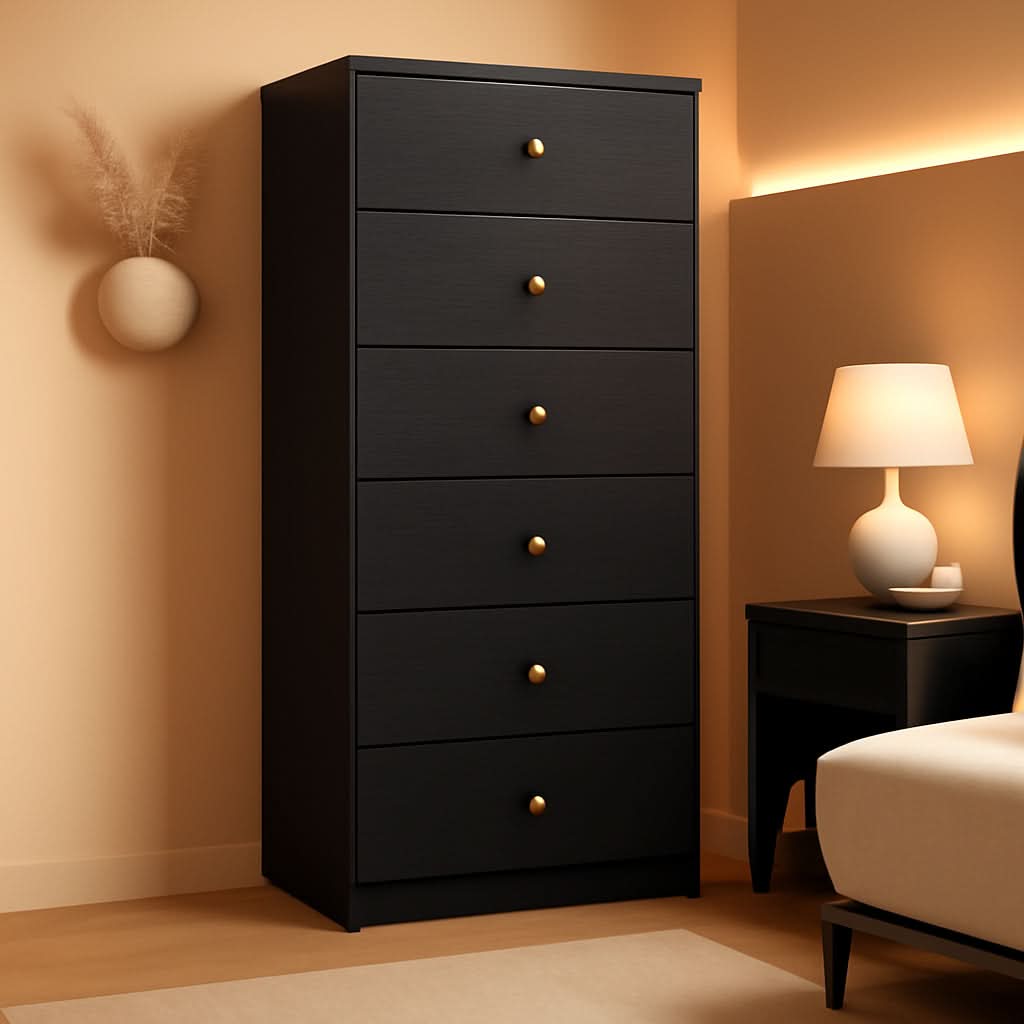 Six Drawer Vertical Dresser Black Wood Gold Handles