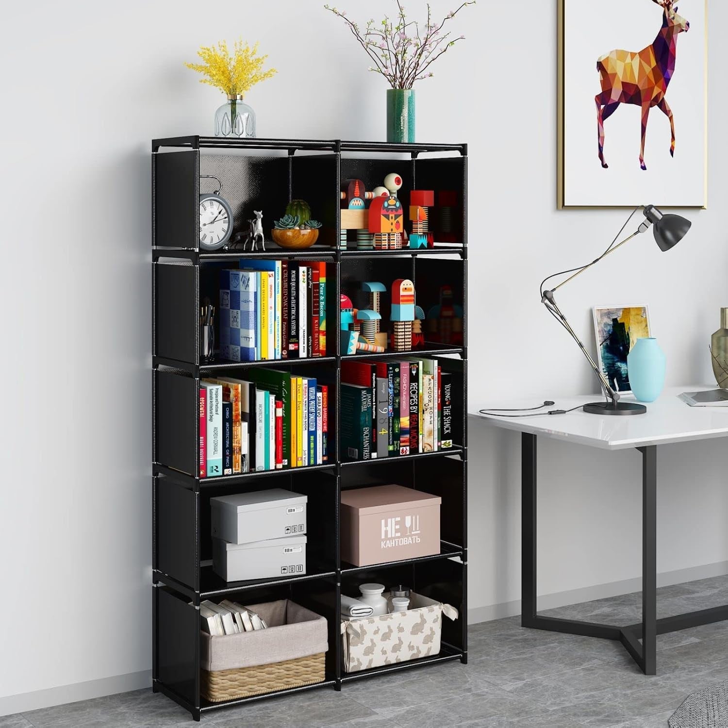 Six Tier Movable Bookshelf With Durable Fabric Steel Frame