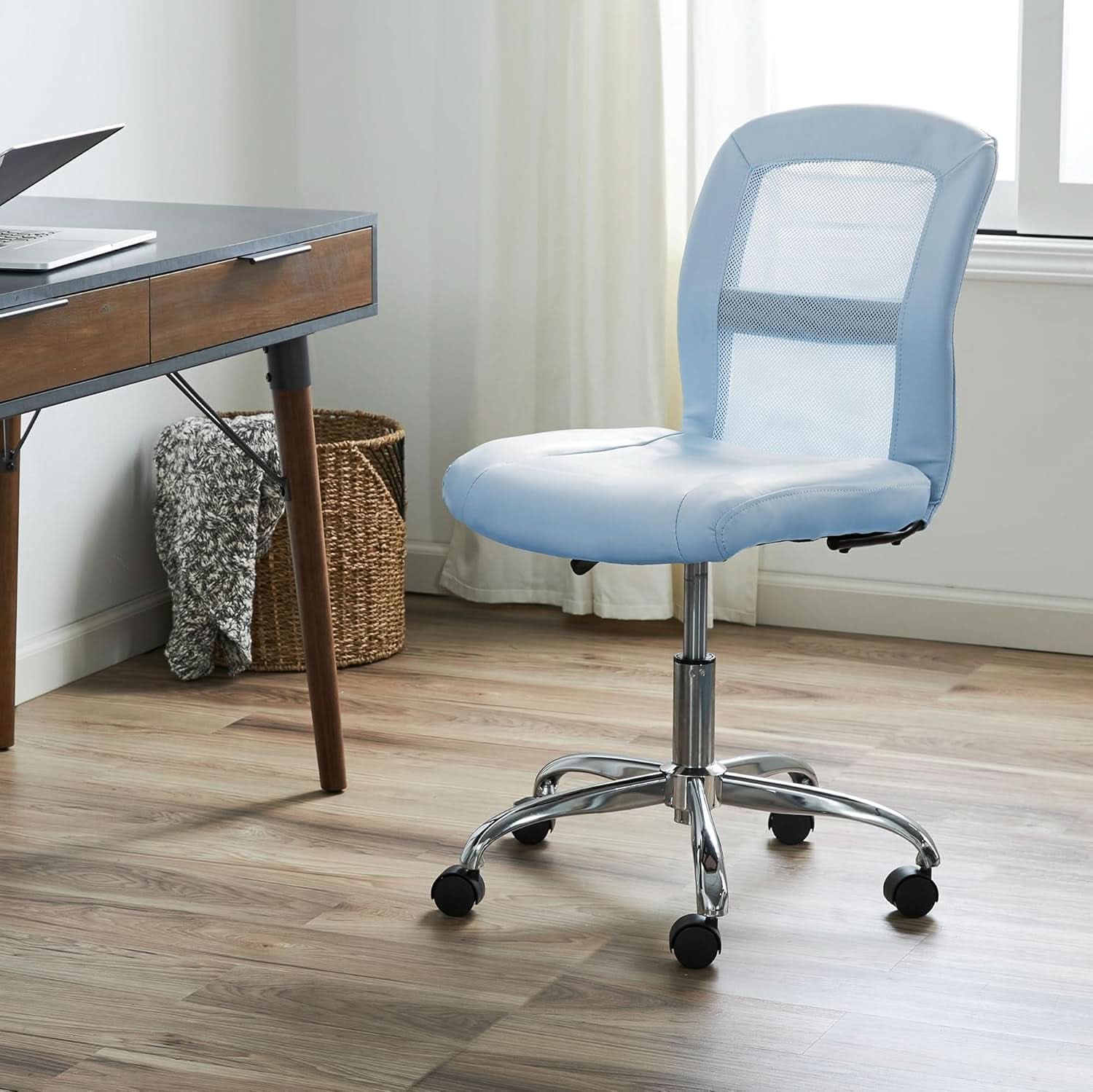 Sky Blue Armless Desk Chair With Breathable Mesh Back