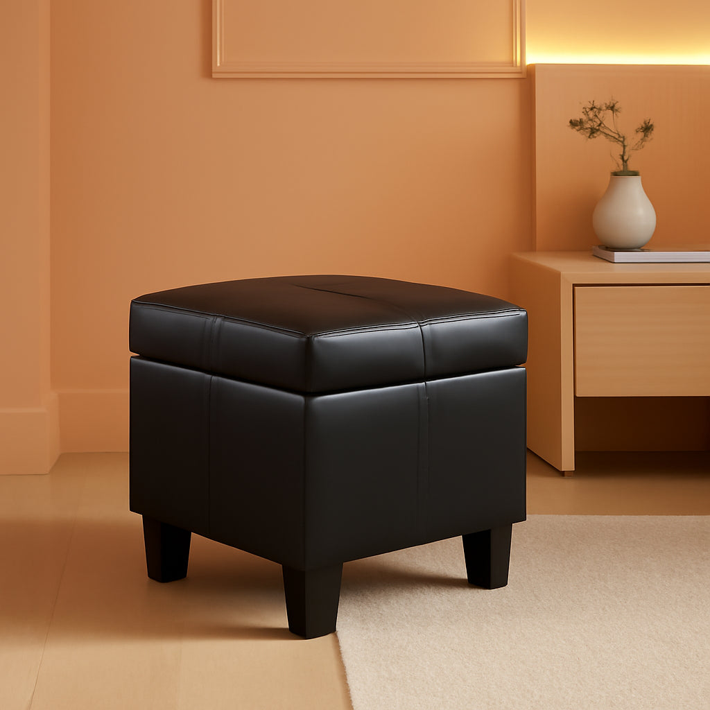 Small Black Faux Leather Ottoman With Hidden Storage