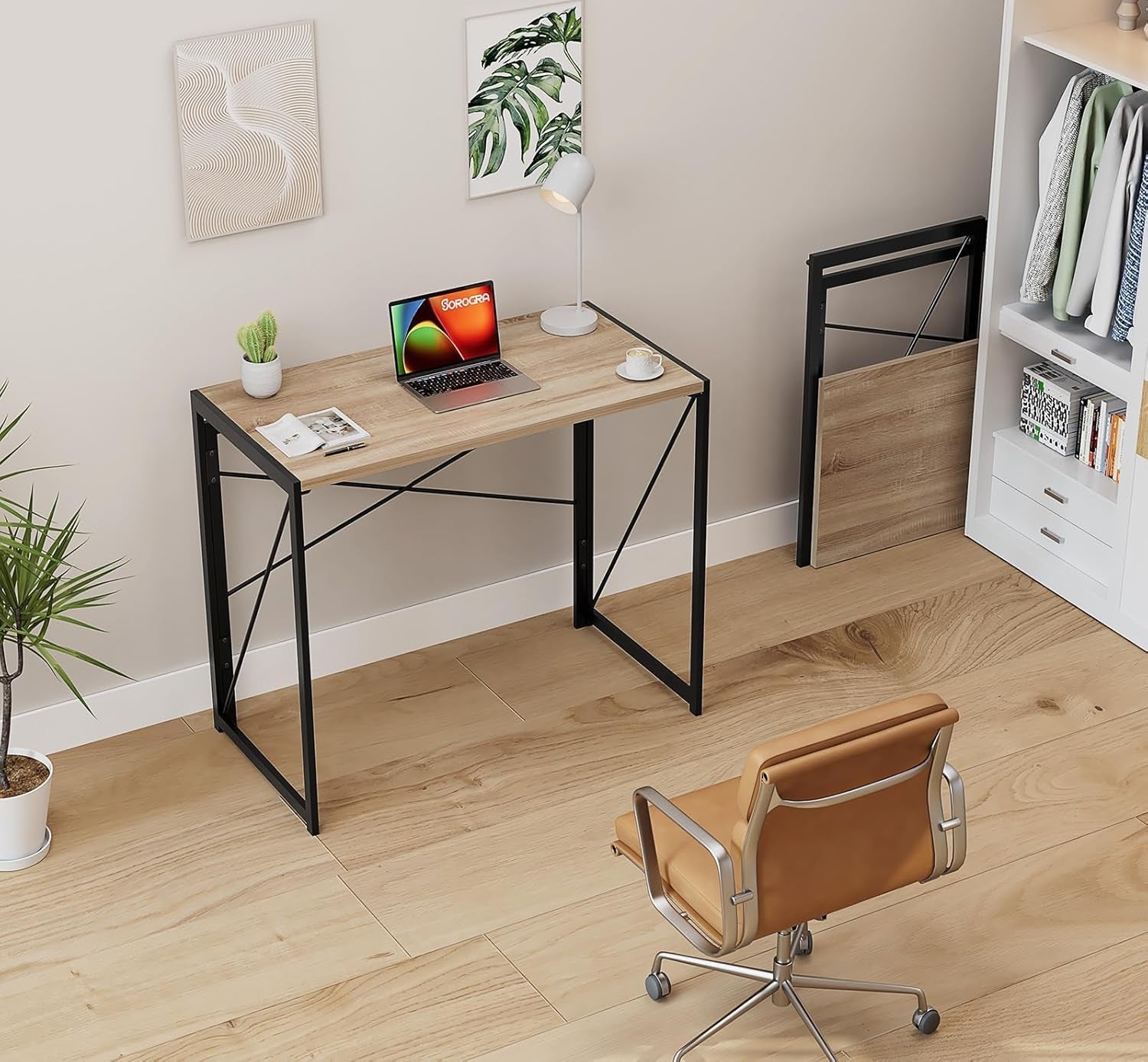 Small Folding Desk 31.5 Inch Beech Finish For Home Office