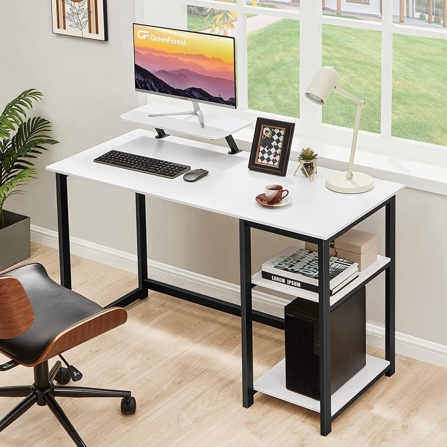 Small White Computer Desk With Monitor Stand And Storage