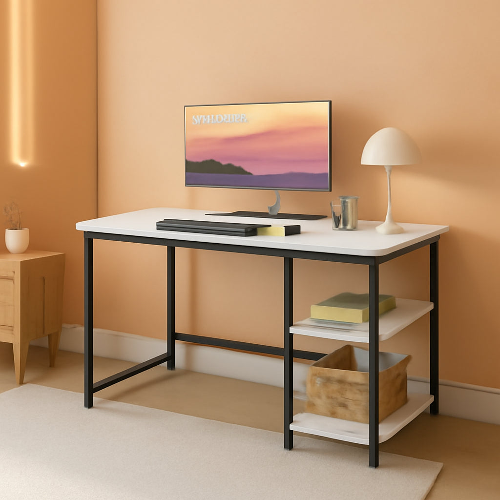 Small White Computer Desk With Monitor Stand And Storage