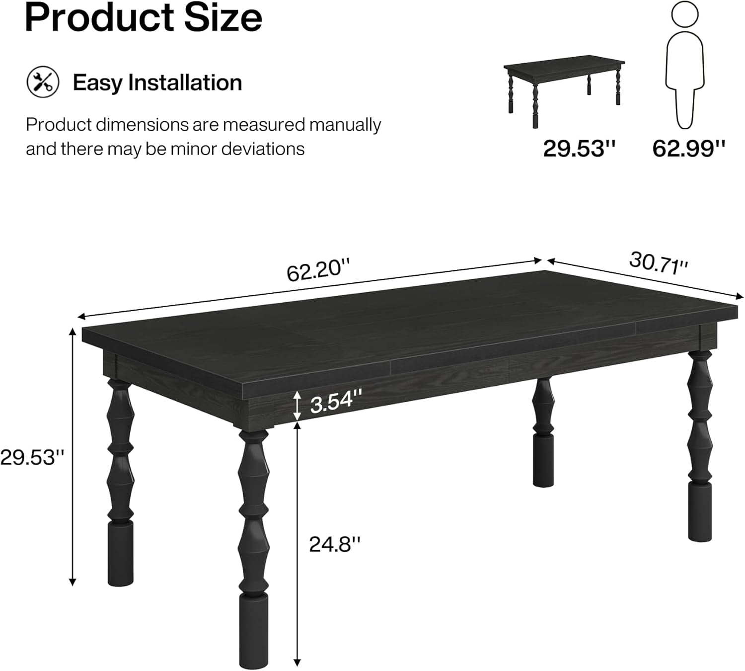Solid Wood 62 Inch Black Farmhouse Rectangular Dining Table