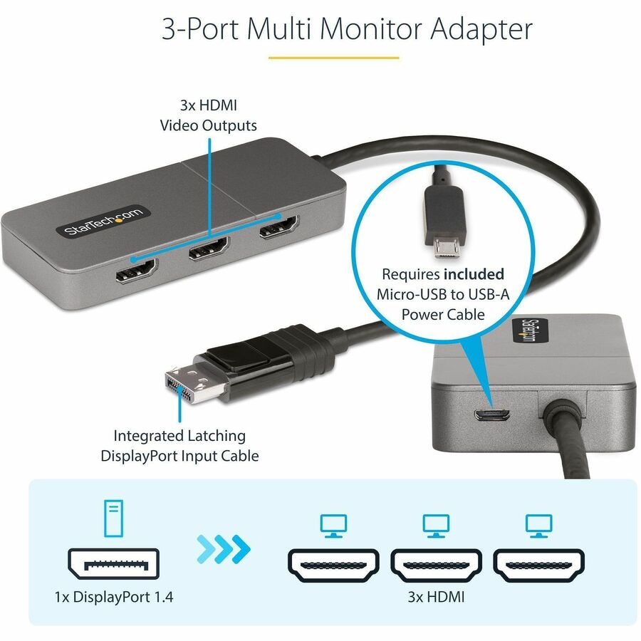 StarTech.com 3-Port MST Hub, DisplayPort to Triple 4K 60Hz HDMI, DP 1.4 Multi-Monitor