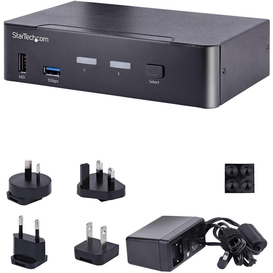 StarTech.com USB C KVM Switch, 2 Port DisplayPort KVM w/ 4K 60Hz UHD HDR Video, 3.5mm Audio, USB Type C KVM Switch, 4x USB HID and 2x USB A 3.2 Gen 1 5Gbps Hub, Thunderbolt 3/4 Compatible - Hot Key Switching