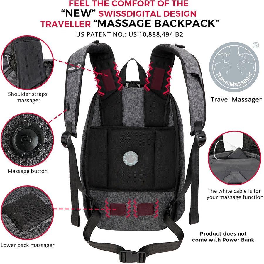 Swissdigital Design COSMO 3.0 Massage SD1514M Carrying Case (Backpack) for 15.6" to 16" Apple, Amazon iPhone iPad Notebook, MacBook Pro, Accessories, Tablet, Cell Phone, Smartphone - Gray