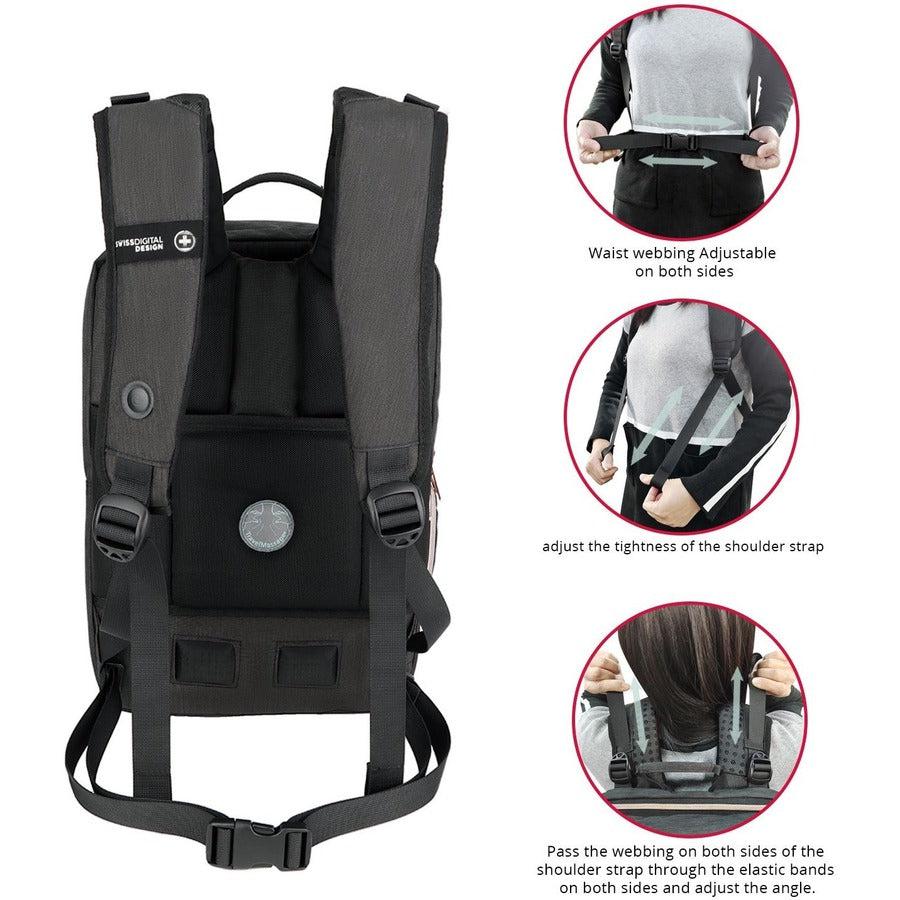 Swissdigital Design KATY ROSE SD1006M-01 Carrying Case (Backpack) for 15.6" to 16" Apple iPhone iPad Notebook, MacBook Pro - Black