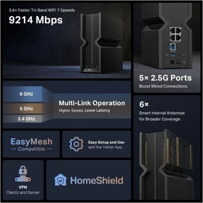 TP-Link Archer BE9300 Wi-Fi 7 Wireless Router - Tri Band - 2.40 GHz ISM Band - 5 GHz UNII
