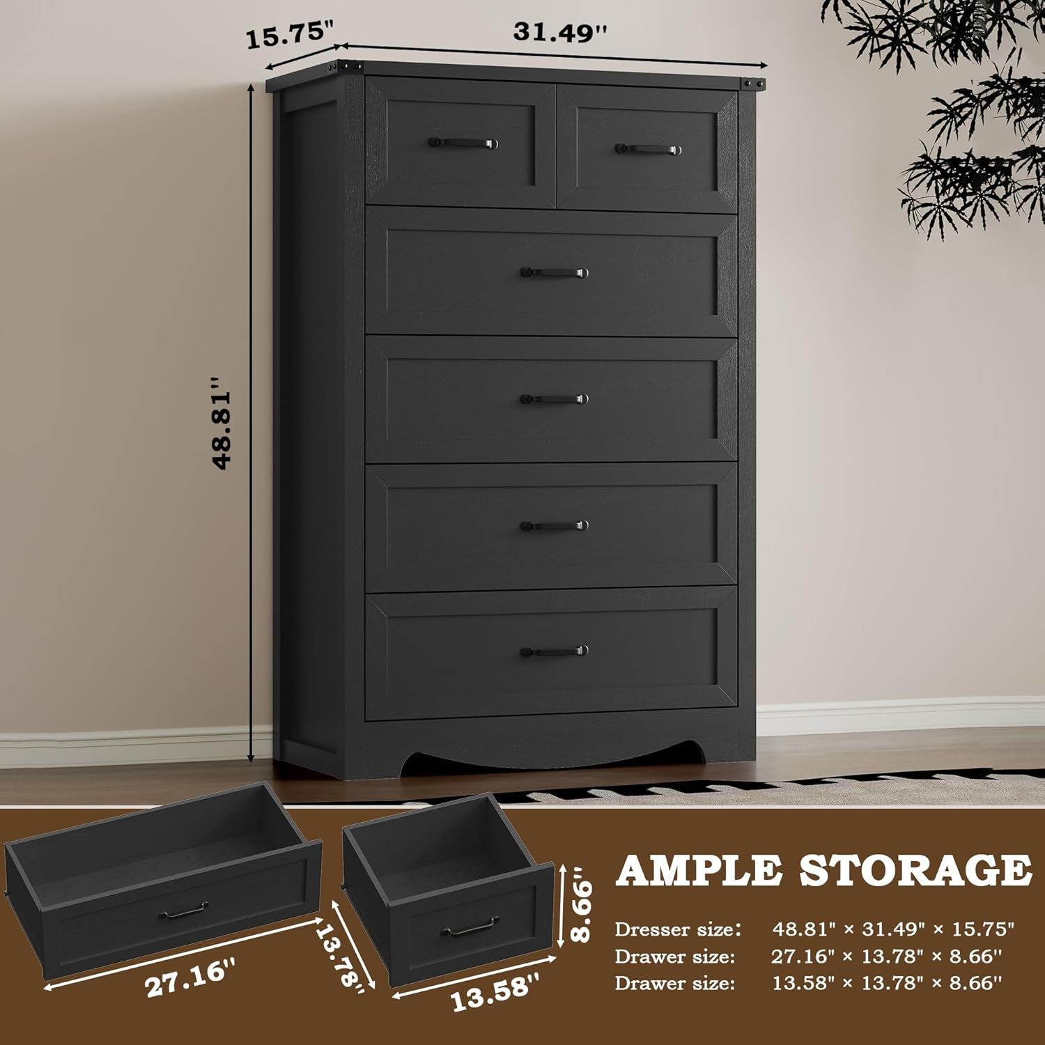 Tall 6 Drawer Dresser With Anti Tip Wood Storage Unit