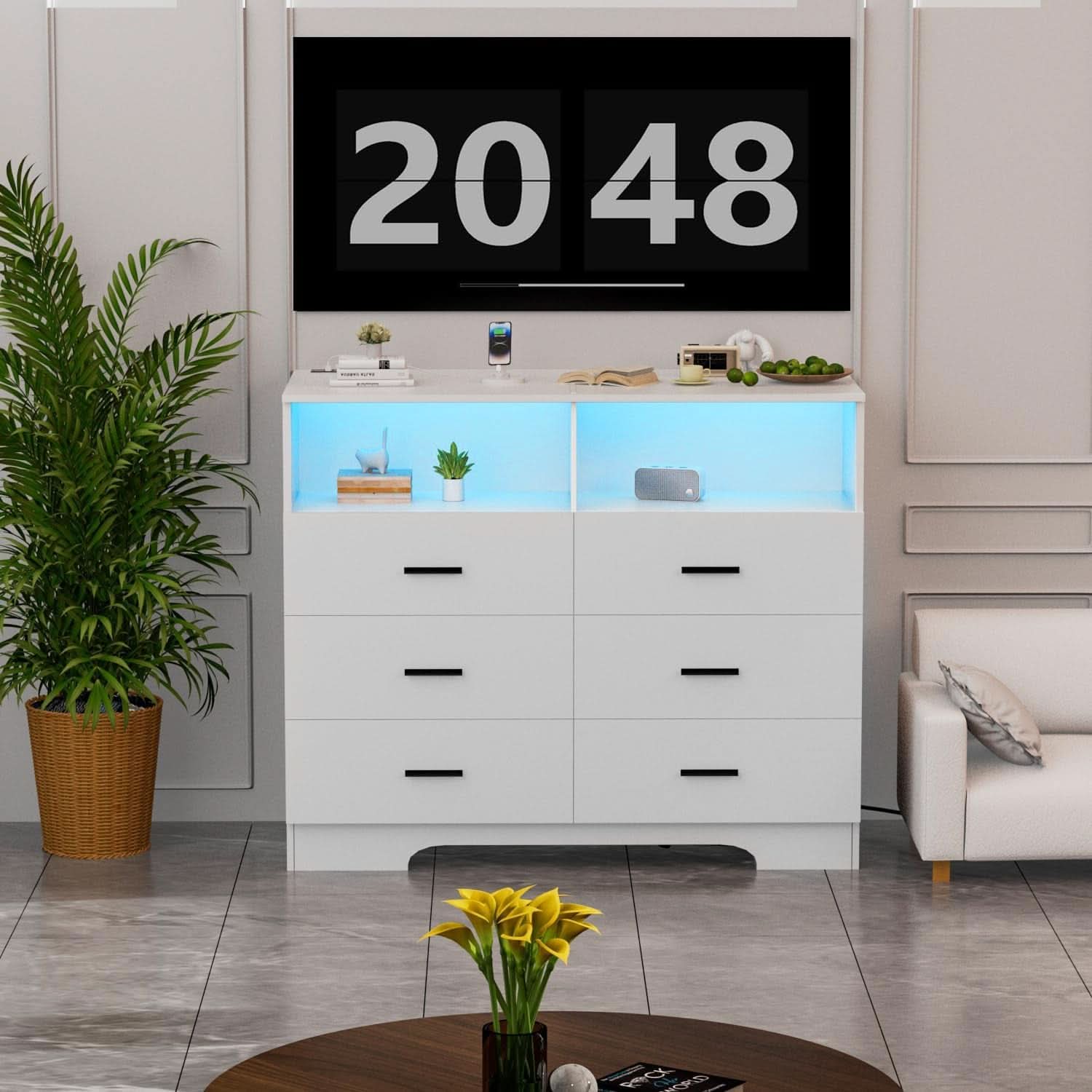 Tall White Six Drawer Dresser With Built In Power Outlets