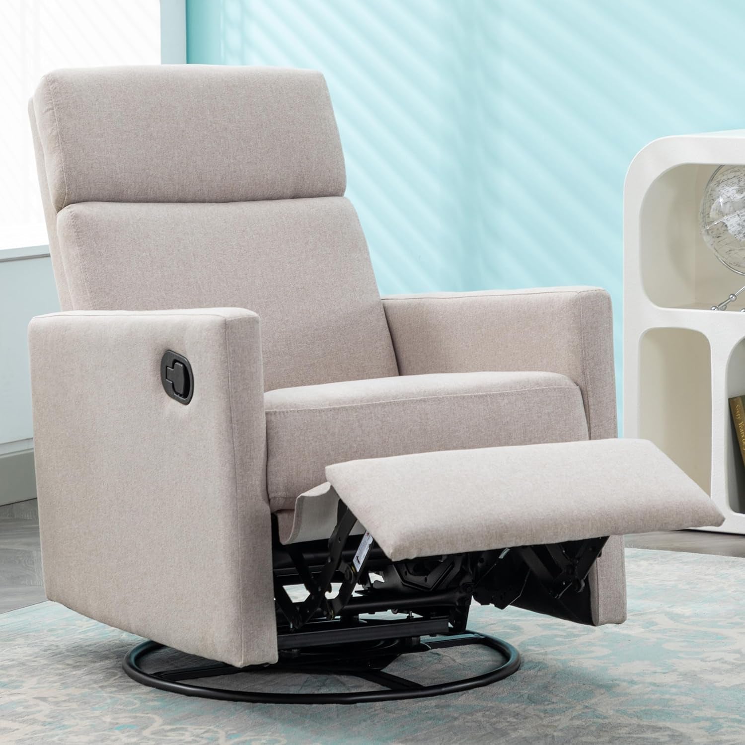 Tan Linen Swivel Rocker Recliner With Adjustable Headrest