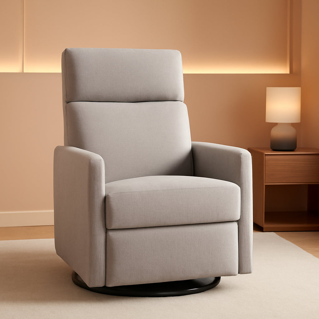 Tan Linen Swivel Rocker Recliner With Adjustable Headrest