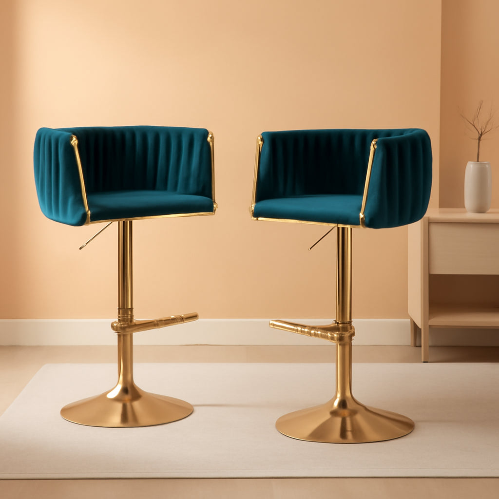 Teal Velvet Adjustable Height Swivel Bar Stools Set Of 2