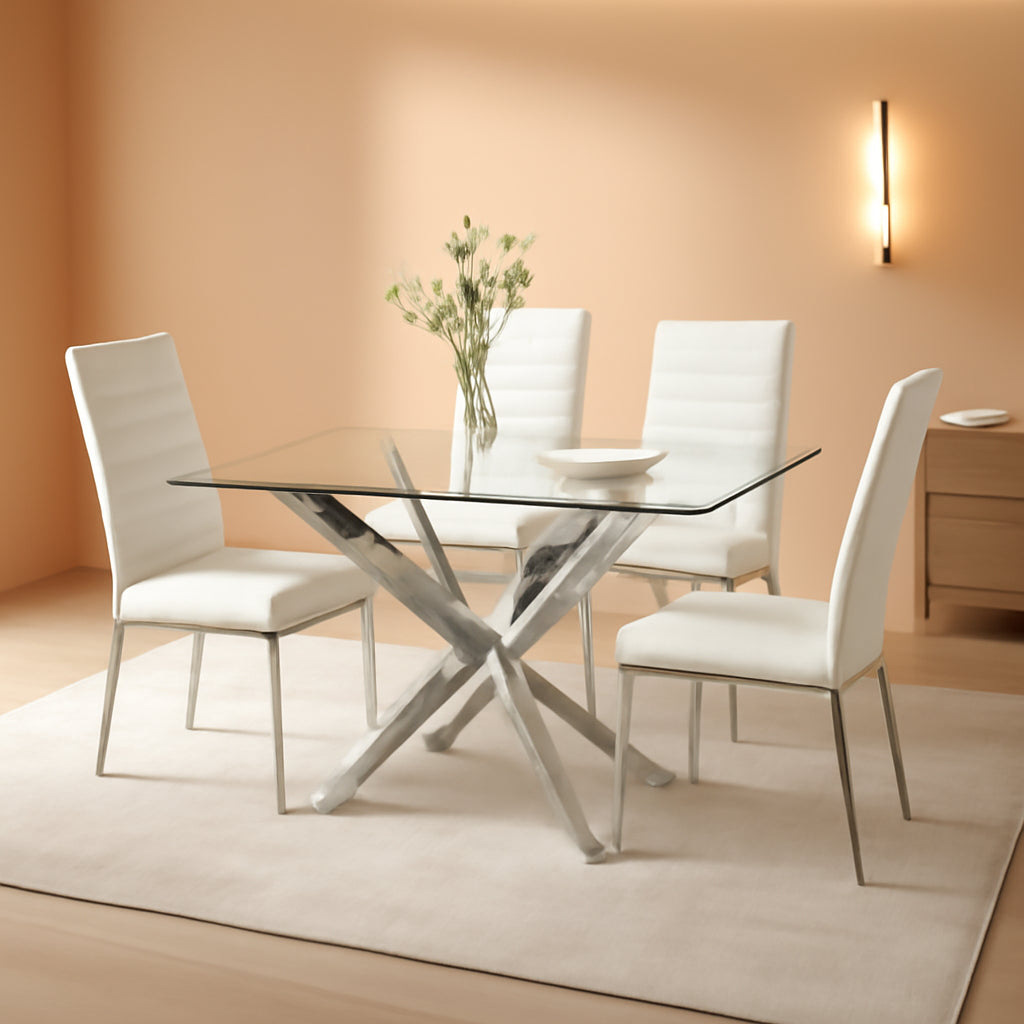Tempered Glass Dining Table With Chrome Legs In White