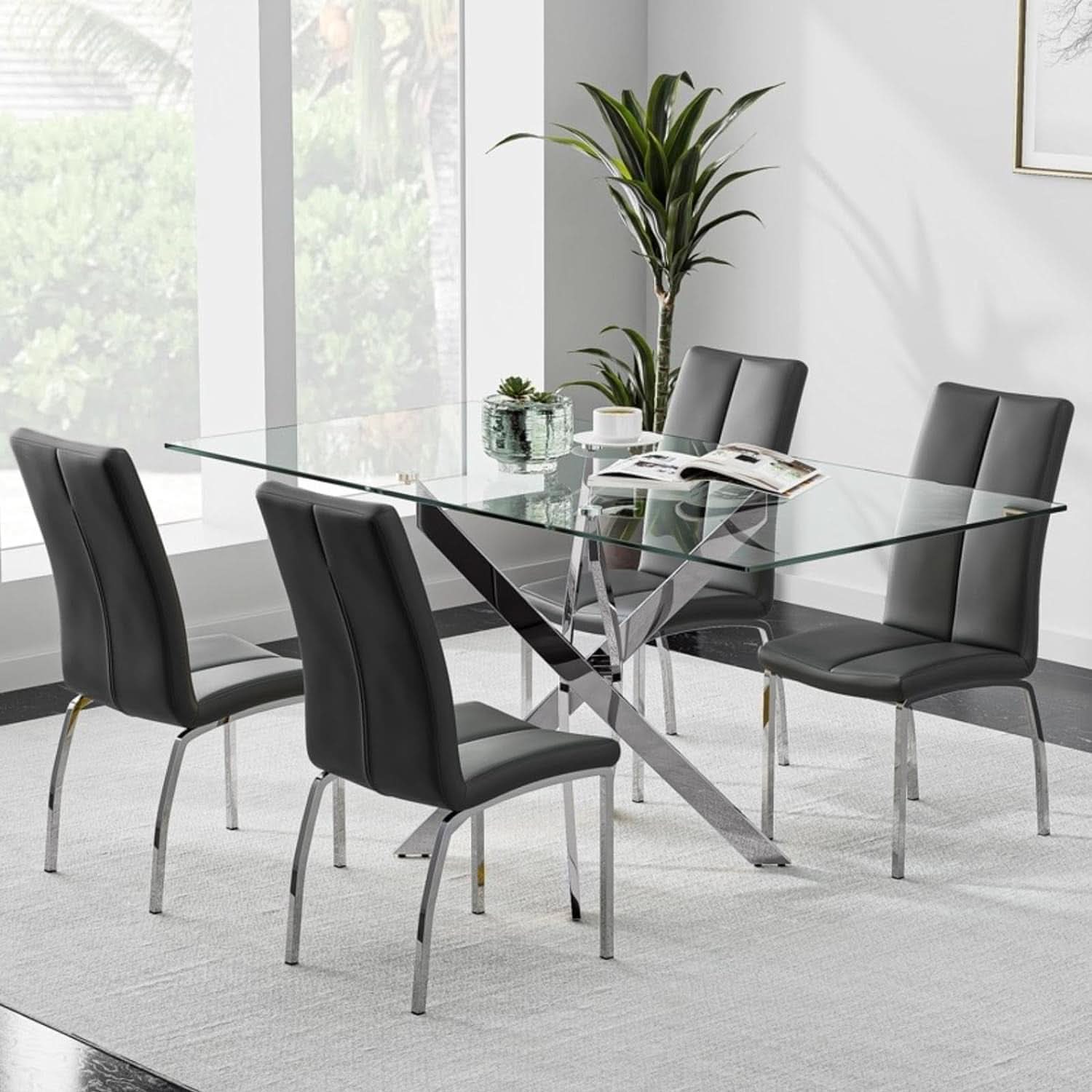 Tempered Glass Dining Table With Chromed Legs 47In White Silver