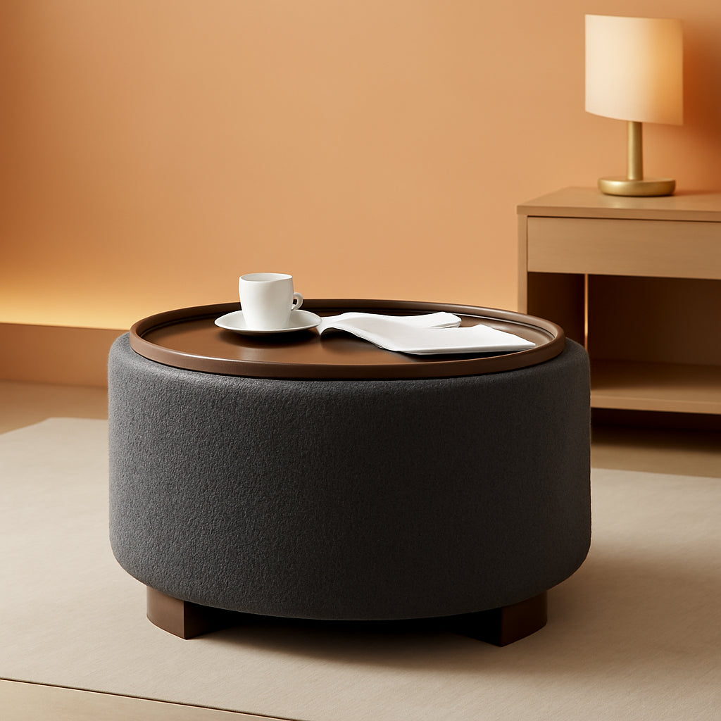 Thirty Inch Round Storage Ottoman Grey Fabric Lift Lid